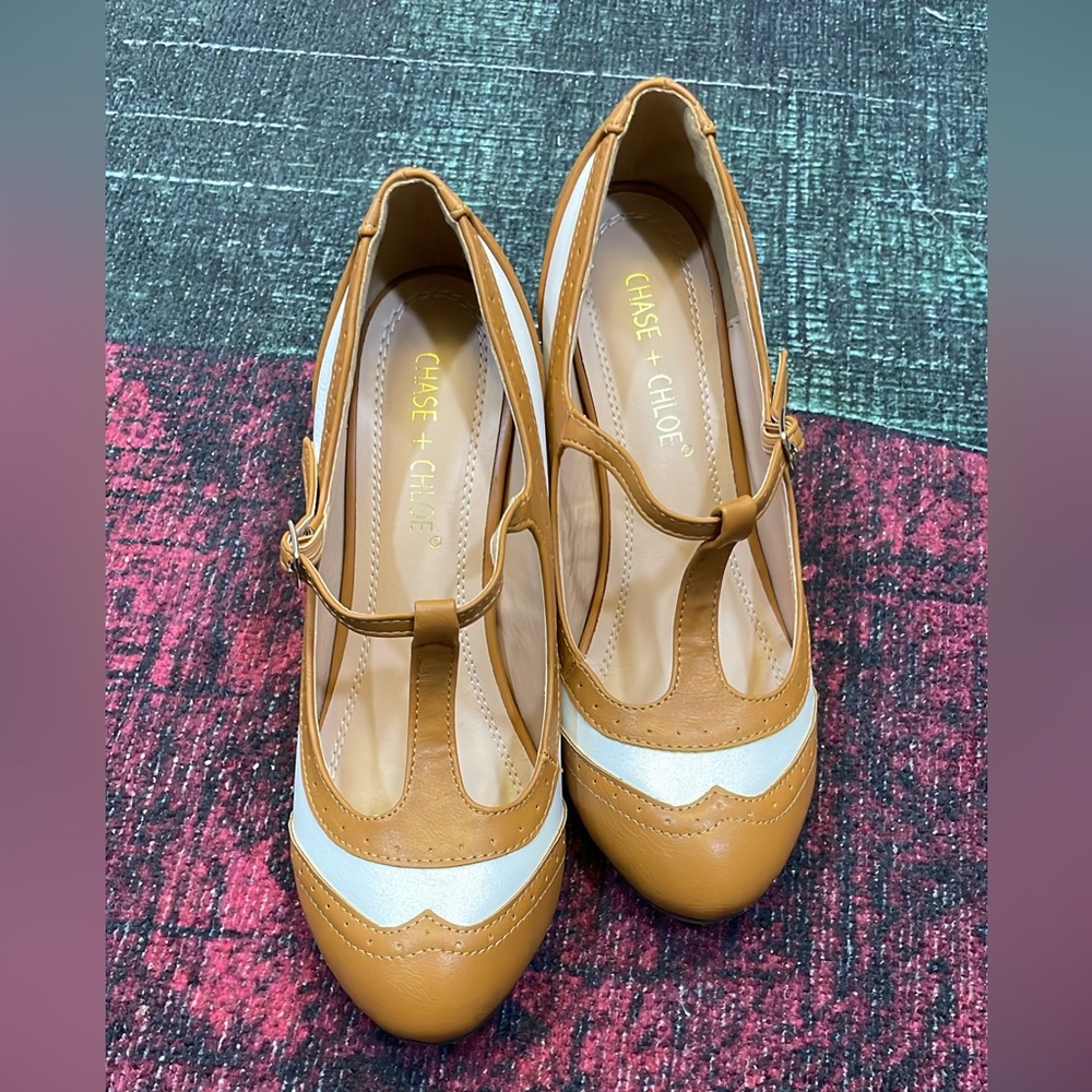 Chase + Chloe Tan and White T-Strap Heels